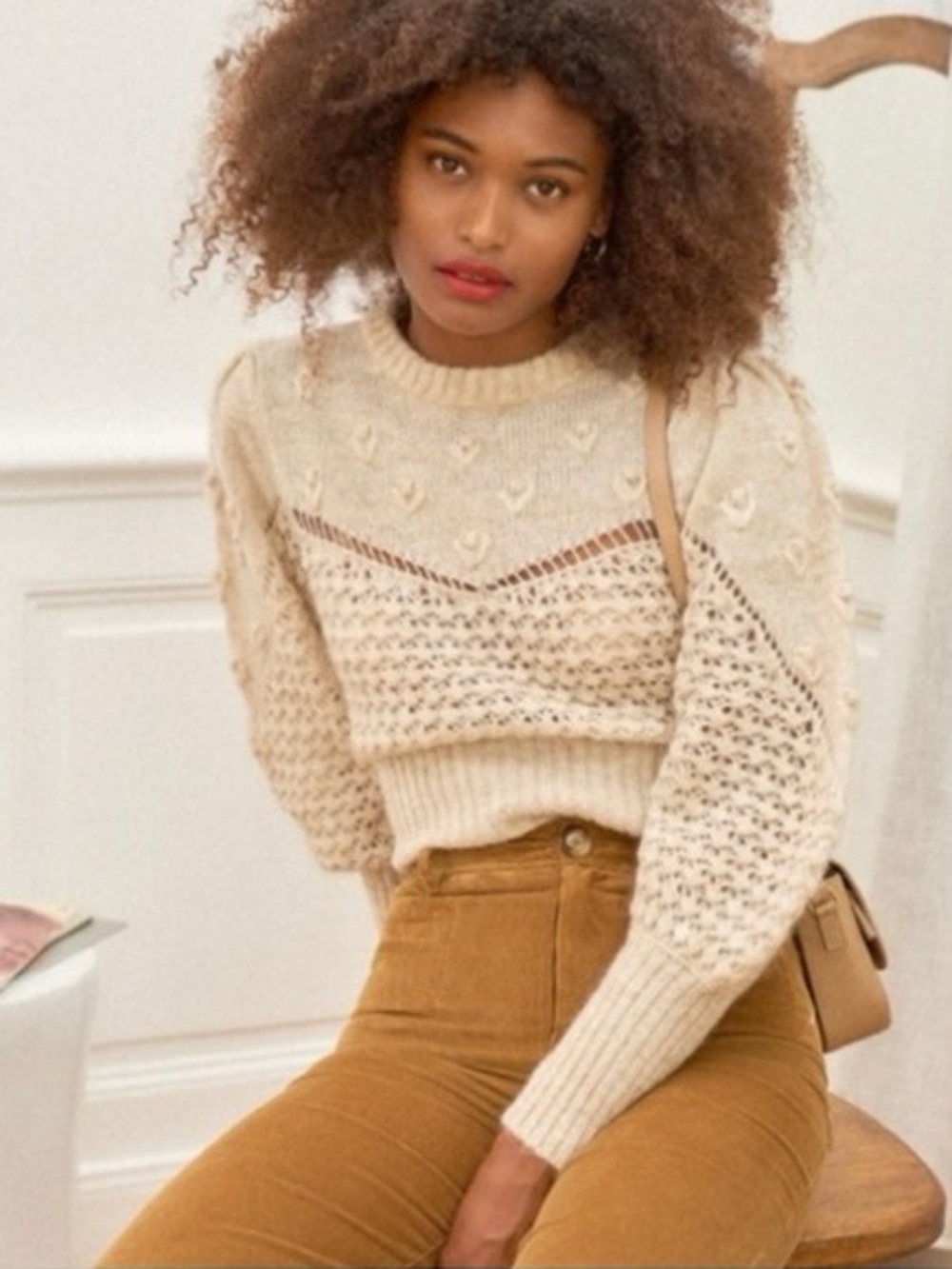 ROUJE Paris Sylvie Knit Jumper Sweater Cream Beige Oatmeal Pointelle Puff Sleeve - Picture 2 of 11